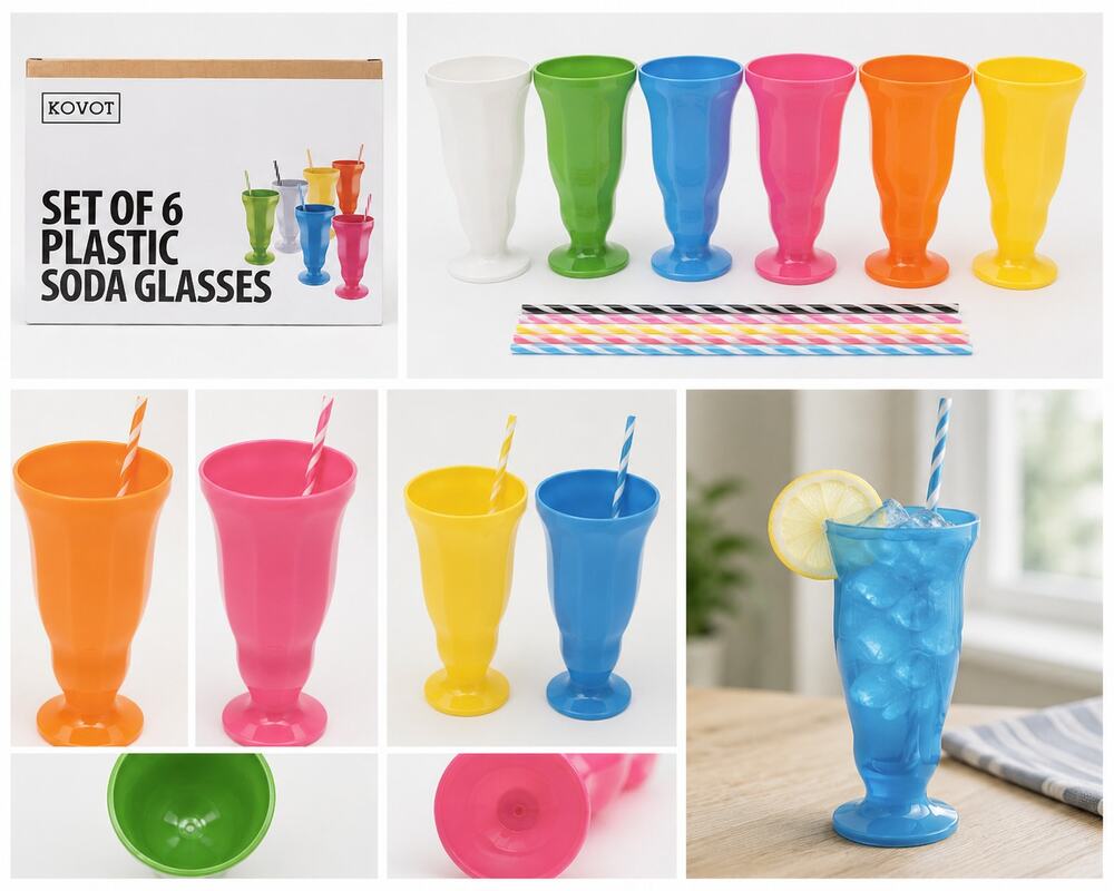 KOVOT Set of 6 Plastic Soda Glasses with Reusable Straws